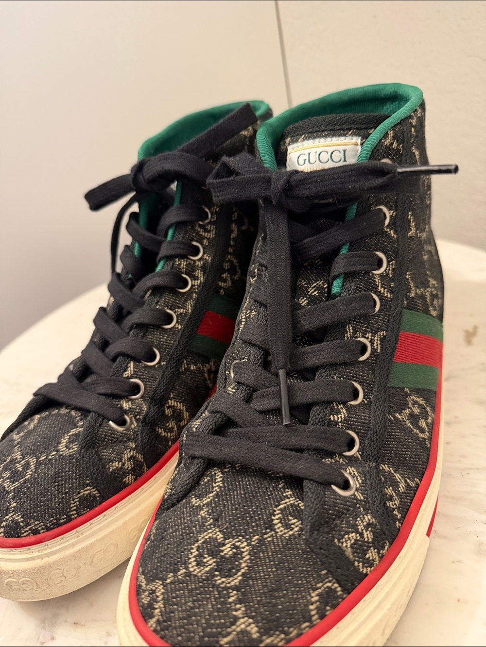 Gucci Black Denim High-Top Sneaker with Green & Red Stripe - Picture 7 of 7